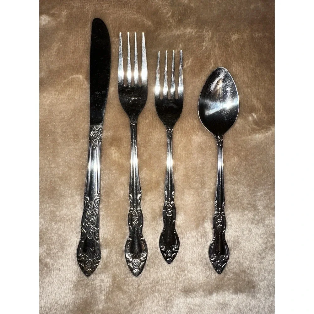 Lustreware Silverware Stainless Ornate Rose Korea Spoon Knife 2 forks Lot